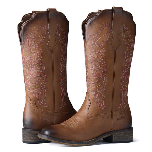 Rollda Women Western Boot Square Toe Cowboy Cowgirl Mid Calf Boot Music Festival - Picture 43 of 46