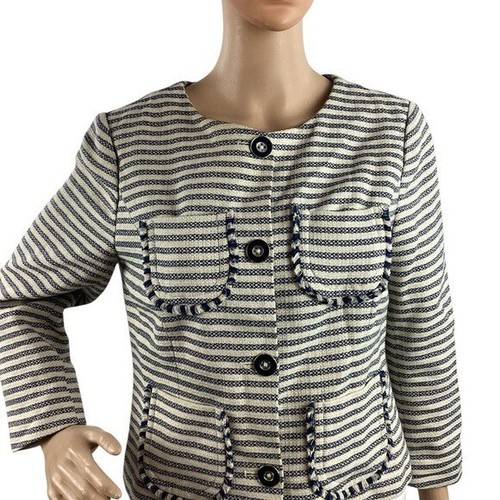 Tommy Hilfiger Navy Cream Stripe Button Jacket Cotton Lined Size 8 - Picture 2 of 7