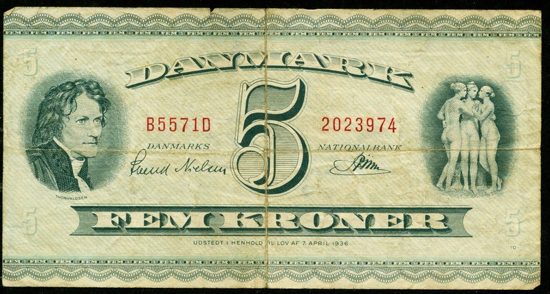 DENMARK  ( 1957 ) (B5)  5 Kroner   World  paper money  currency banknotes 