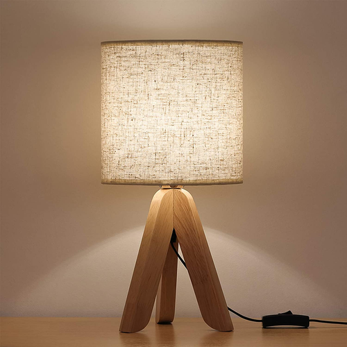 Small Bedside Table Lamp - Wooden Tripod Nightstand Lamp for Bedroom, Living Roo
