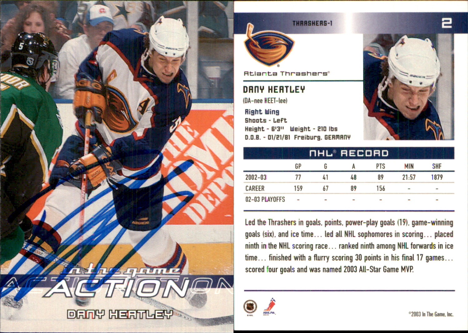 Dany Heatley Signed 2003-04 In The Game Action #2 Auto AU Thrashers FREE SHIP