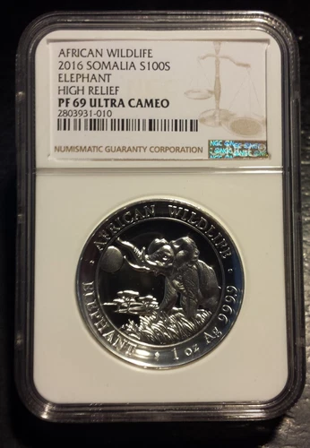 😃2016 Somalia African Elephant 1 Oz Silver NGC High Relief PF69 Ultra Cameo