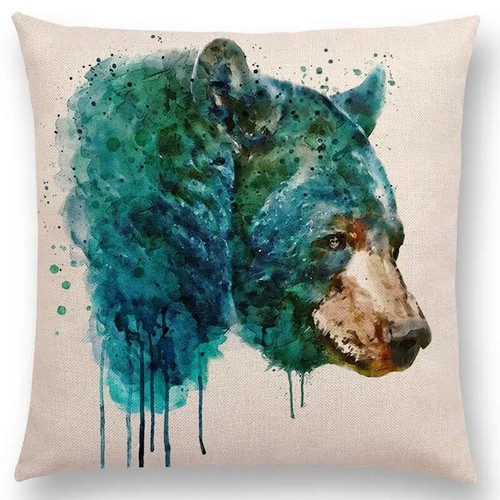 Watercolor Animals Cushion Cover Portrait Head Bighorn Lion Leopard Tiger Bear - Picture 18 of 49