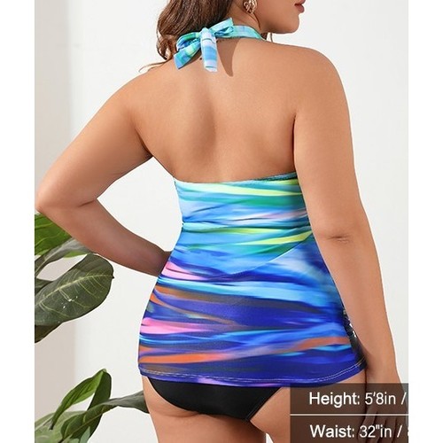 Damen Tankini Badeanzug Set Neckholder Oberteil mit hohem Bund Unterteil Größe M Blau - Bild 9 von 9