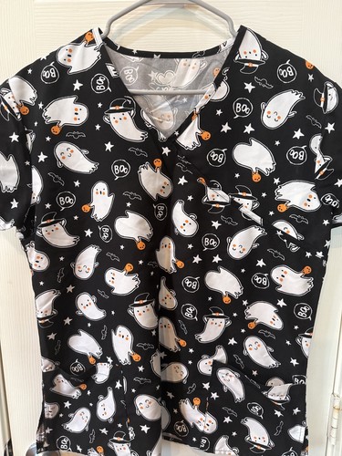 Damen Peeling Top Größe Medium schwarz Stretch Halloween Geistermuster - Bild 2 von 8