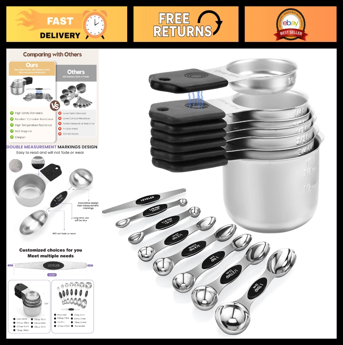 Magnetic Measuring Cups & Spoons Set - 15pc Stainless Steel, BPA Free, Nesting D