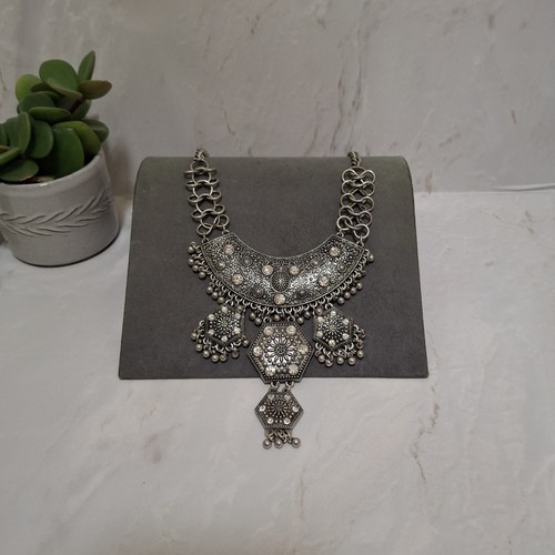 Tribal Ethnic Oversize Necklace Drop Sparkly Rhinestone Silver Tone Statement - Picture 16 of 22