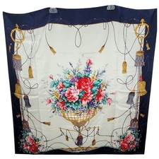 Vintage Nordstrom Large Floral Silk Scarf Basket Tassel Statement Retrosilk Luxe