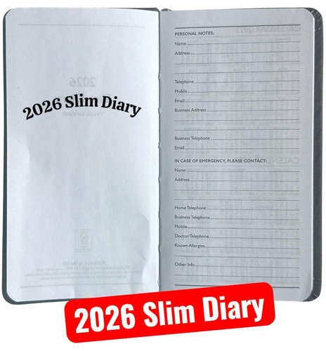2026 Slim Diary Cute Embossed Leatherette Soft Week To View Notes Dates Calendar - Picture 8 of 20
