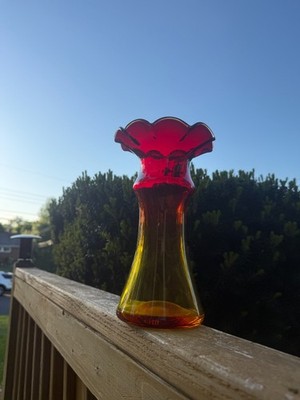 Blenko Tangerine Amberina Ruffled Vase Signed 2018 Hand Blown Art Glass 11 