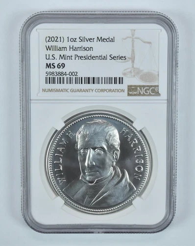 (2021) 1oz Silver Medal Harrison US Mint Presidential Series MS69 NGC Brown Lbl