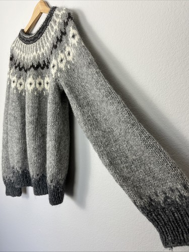 Maglione pullover nordico vintage lavorato a mano taglia L/XL 44" 100% lana Fair Isle grigio usato in ottime condizioni - Foto 8 di 8