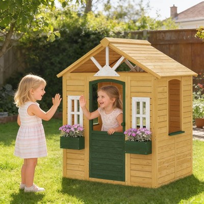 AIYAPLAY Kinderspielhaus Holz Spielhaus Outdoor mit Tür 3 Fenster 2 Blumenkästen