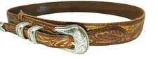 Justin Belt Leather Embosses Tooled Ranger 34" Western 1.5" W Silver Tone Buckle