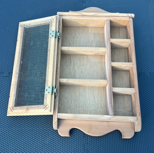 Vintage Primitive Wood Wall Spice Rack Cabinet Mesh Door Curio Display 27”x15” - Picture 3 of 19