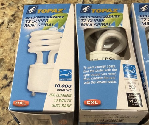(4)- TOPAZ CF13/SMS/GU24/27-46 (13 WATT) 2700K T2 SUPER MINI SPIRAL FLUORESCENT - Picture 3 of 6