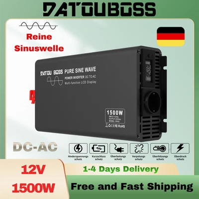 DATOUBOSS 12V-230V Reiner Sinus Wechselrichte Spannungswandler Inverter Solar 1500W RA LCD