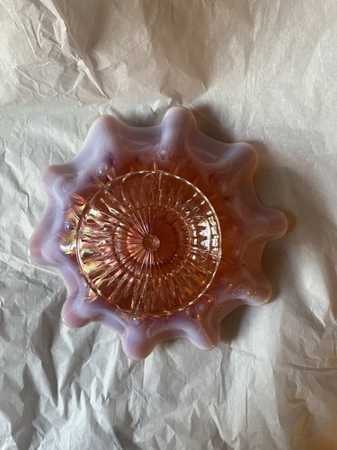 Antique Dugan Peach Opal Carnival Glass Raindrops 10 Crimp Footed Bowl - Picture 2 of 5