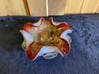 Vintage Murano Cased Multi Colored Rolled Sides Art Glass Bowl w/ Gold Accents