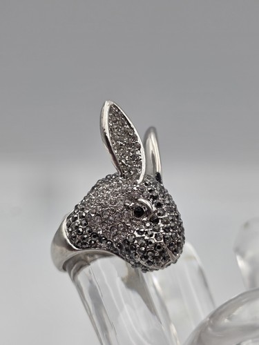 Anillo Cabeza de Conejo Estrás Tono Plata Talla 9 Animal Unisex