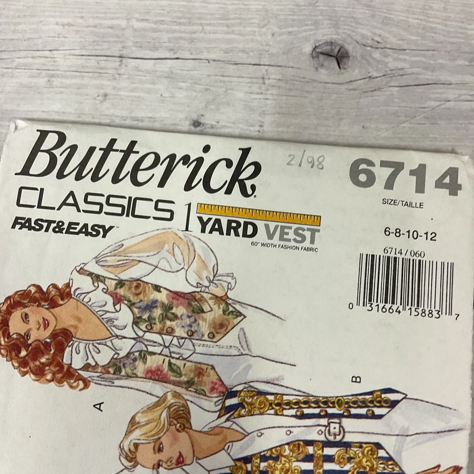 Butterick 6714 Sewing Pattern Lined Vest Misses Sizes 6-12 UNCUT  - Image 4 of 4