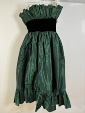 VTG VICTOR COSTA Green Taffeta & Velvet Tea Length Dress 10 80’s Ruffles Holiday