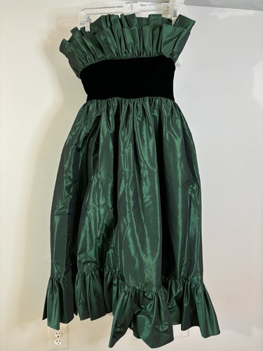VTG VICTOR COSTA Green Taffeta & Velvet Tea Length Dress 10 80’s Ruffles Holiday - Picture 1 of 8