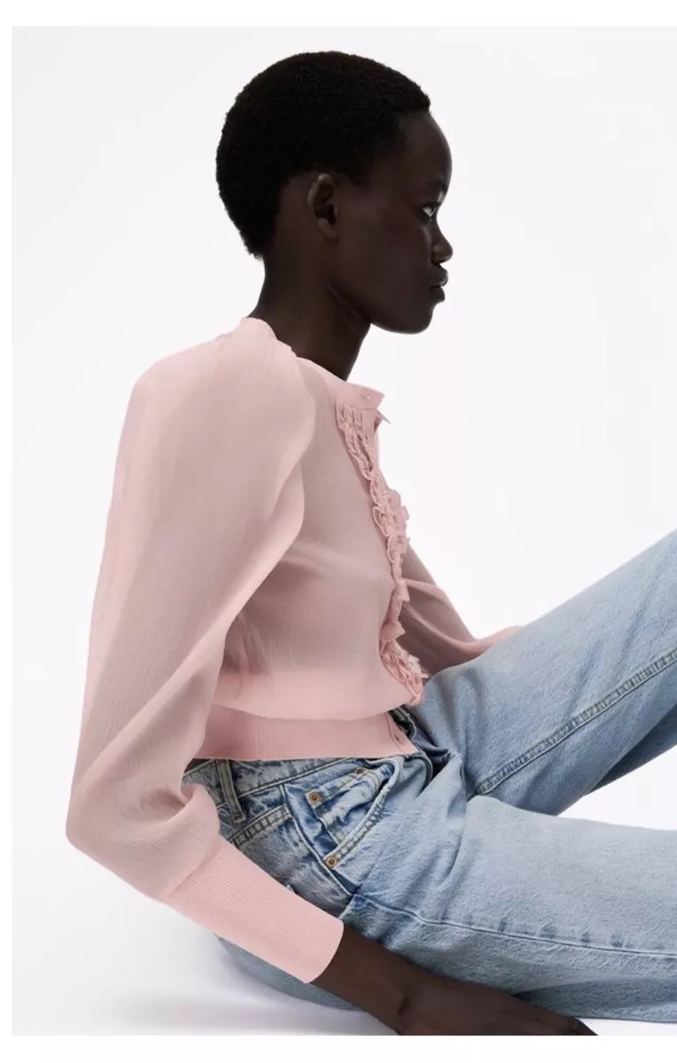 NEW Zara Knit Organza Jacket Ruffled Light Peachy Pink Jewel