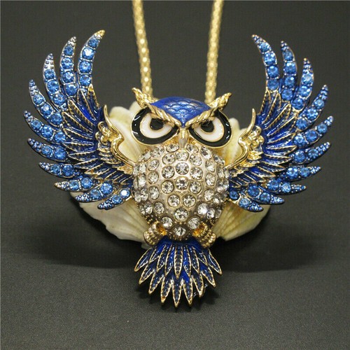 Wunderschöne WEISE Flügel EULE Strass Betsey Johnson Halskette Anhänger BROSCHE dunkelblau - Bild 8 von 11
