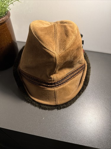 Chapeau Fedora en daim homme camel grand marron doublé fourrure trappeur casquette avec plume - Photo 4/8