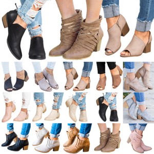 Womens-Mid-Block-Heels-Ankle-Boots-Zipper-Fashion-Low-Shoes-Wedge-Pumps-Size-US