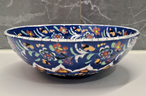 Vintage Turkish Ceramic Painted Bowl Handmade Vibrant Floral Star Design Blue - Picture 2 of 5