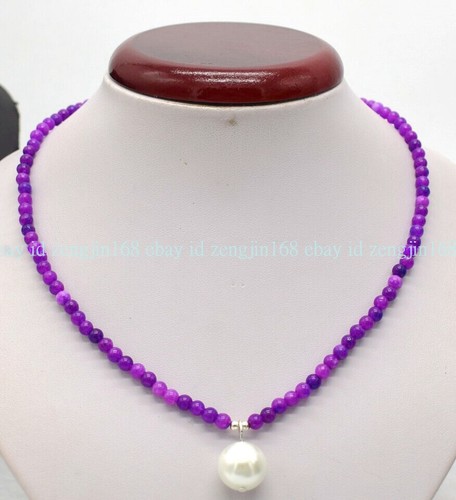4mm Purple Sugilite Gemstone 14mm Round White Shell Pearl Pendant Necklace 18'' - Picture 5 of 12