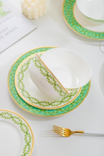 Juego de vajilla Jingdechen artesanal esmaltado hueso porcelana 12 piezas borde dorado servicio/4 - Imagen 5 de 6
