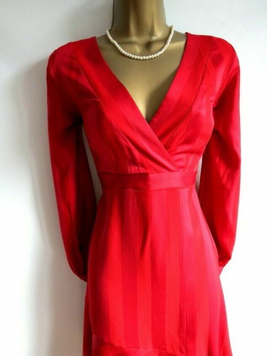 Lipsy Red Fit Flare Dress 8 Long Sleeve Midi Plunge Party Retro Occasion Wedding - Picture 2 of 11