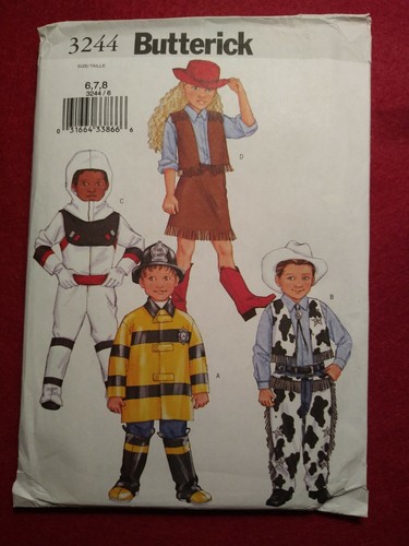 Butterick 3244 Boys/Girls Costumes Cowboy~Cowgirl~Astronaut~Fireman 6-7-8 Uncut