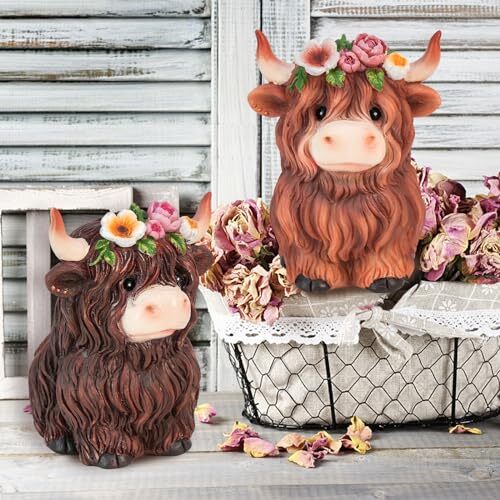 Spring Highland Cow Decor Brown Highland Cow Gnomes Resin Figurine Decor Calf - Picture 6 of 8