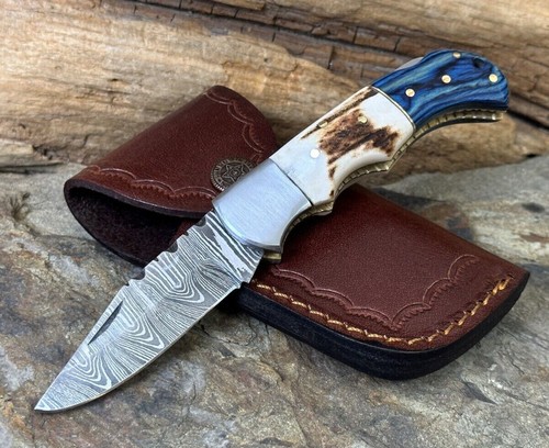 Handmade Damascus Steel Folding Knife Stag Horn & Wood Handle w/ Sheath - Picture 5 of 59