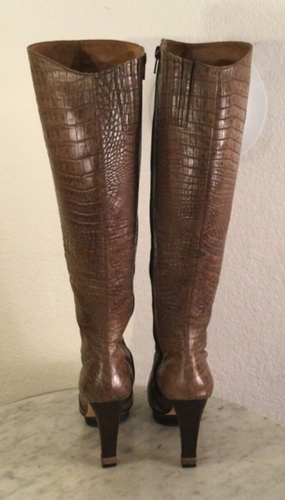 MAX AZRIA Brown Leather Crocodile Print Boots Wm Sz 36 1/2 B. Made In Brazil - Picture 6 of 24