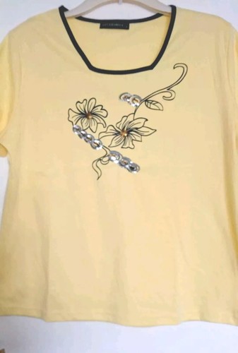 SIZE XL(23" PIT TO PIT)YELLOW/ BLACK FLORAL + SEQUENCE FRONT, SHORT SLEEVED TOP - Picture 5 of 12