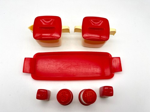 Vtg Federal Tool Corp Red & Ivory Sugar Bowl Creamer Salt Pepper Tray 7 pc Set - Picture 3 of 7