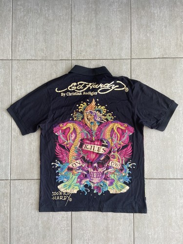 Ed Hardy By Christian Audigier Vintage Polo Shirt Y2K Top 2000’s Double Sided