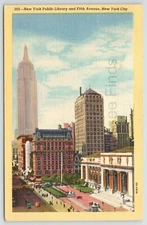 New York Public Library And Fifth Avenue New York City Linen Postcard 1949