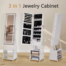 Jewelry Cabinet Mirror LED Light Full Length Armoire Lockable Organizer Storage