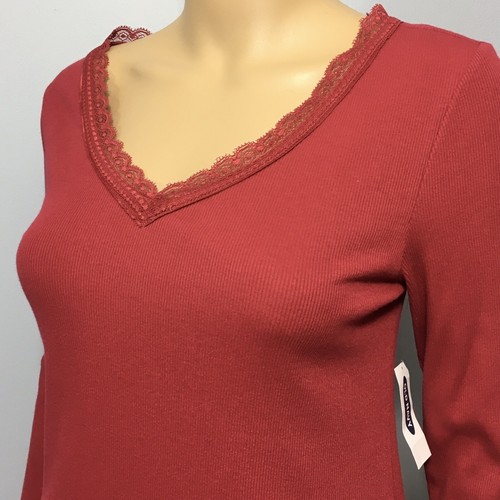 Old Navy Top Shirt Womens Size Small Red V-Neck Long Sleeve Ribbed Lace Trim - Picture 2 of 8