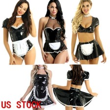 Women's French Maid Waiter Uniform Outfits Wet Look Leather Cosplay Costume