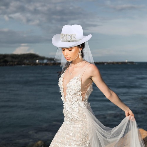 MGupzao Cappello da Cowboy e Velo Festa di Addio al Nubilato, Bianco Cowgirl Matrimonio...  - Foto 5 di 7