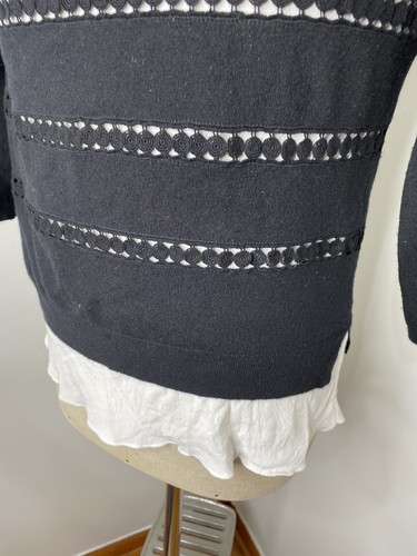 Anthropologie Angel of The North Sweater Sz Small Black Crochet White Shirttail - Picture 3 of 5