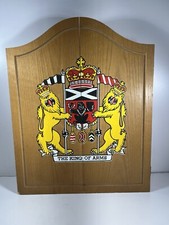 VTG King of Arms Dart Board In Wood Cabinet Lion Coat King Pub Bar Man Cave