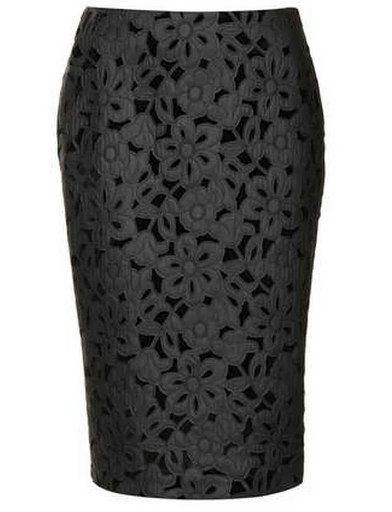 TOPSHOP BLACK LASER CUT VELVET FAUX LEATHER PENCIL SKIRT XXS UK 4